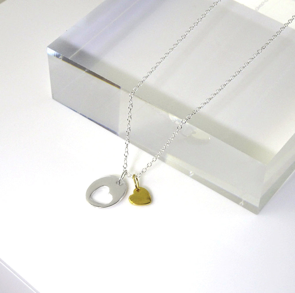 Sterling Silver Heart Cut Out Disc Yellow Gold Dipped Charm Pendant Necklace