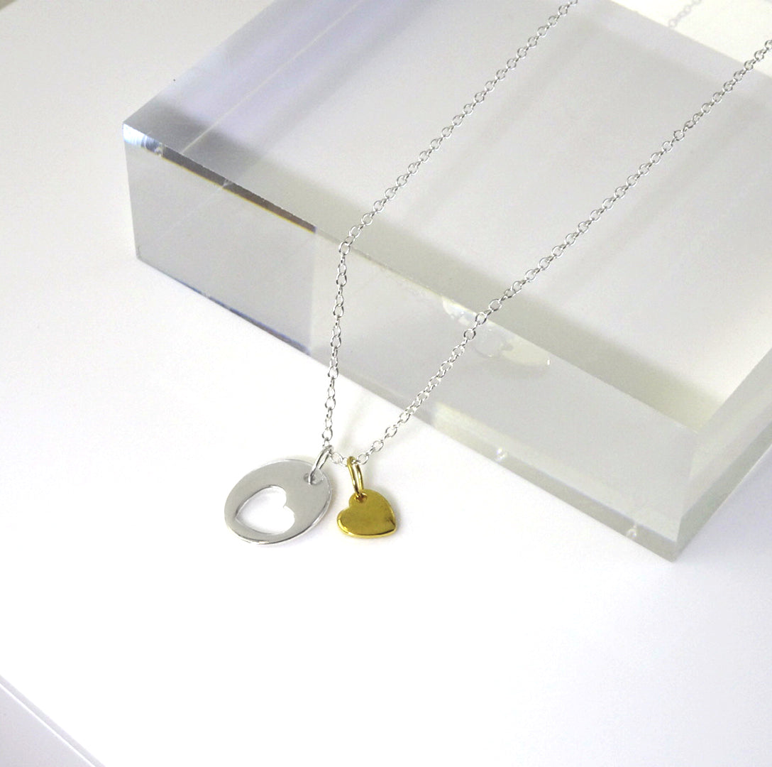 Sterling Silver Heart Cut Out Disc Yellow Gold Dipped Charm Pendant Necklace