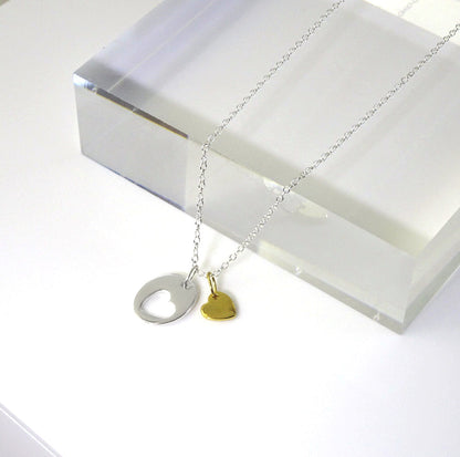 Sterling Silver Heart Cut Out Disc Yellow Gold Dipped Charm Pendant Necklace