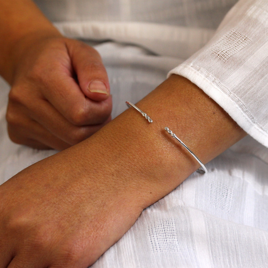 Sterling Silver Tiny Round Clear CZ Open Cuff Bangle