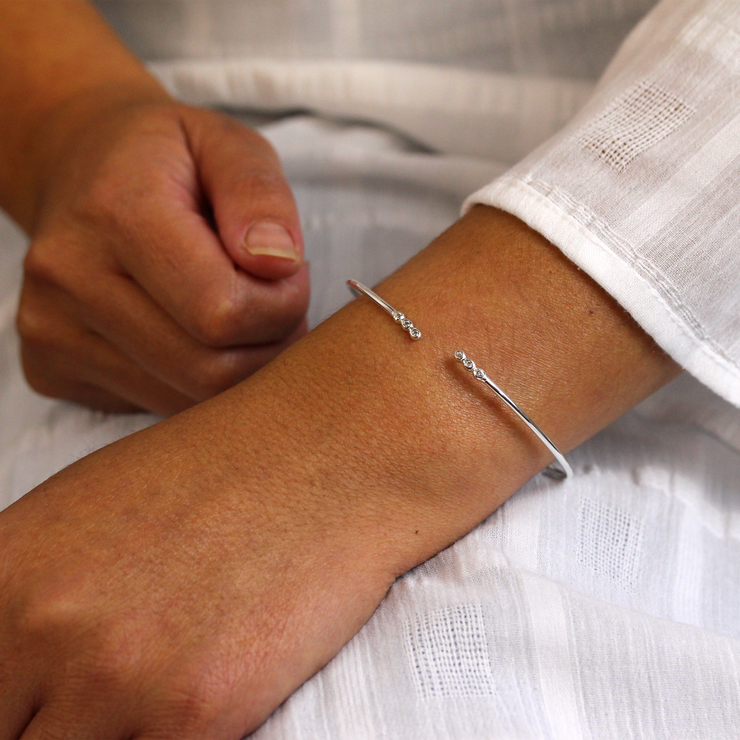 Sterling Silver Tiny Round Clear CZ Open Cuff Bangle
