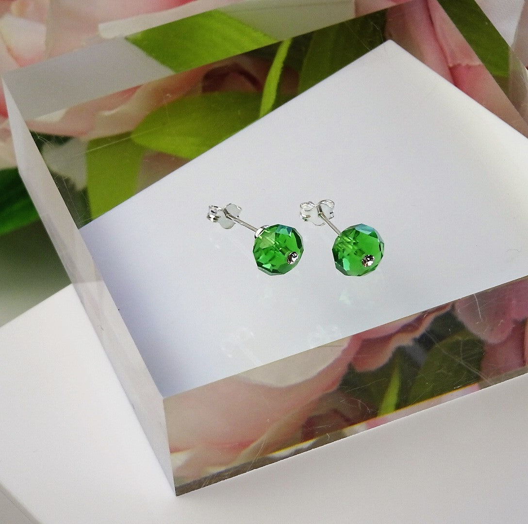 Sterling Silver Green Crystal Bead Stud Earrings