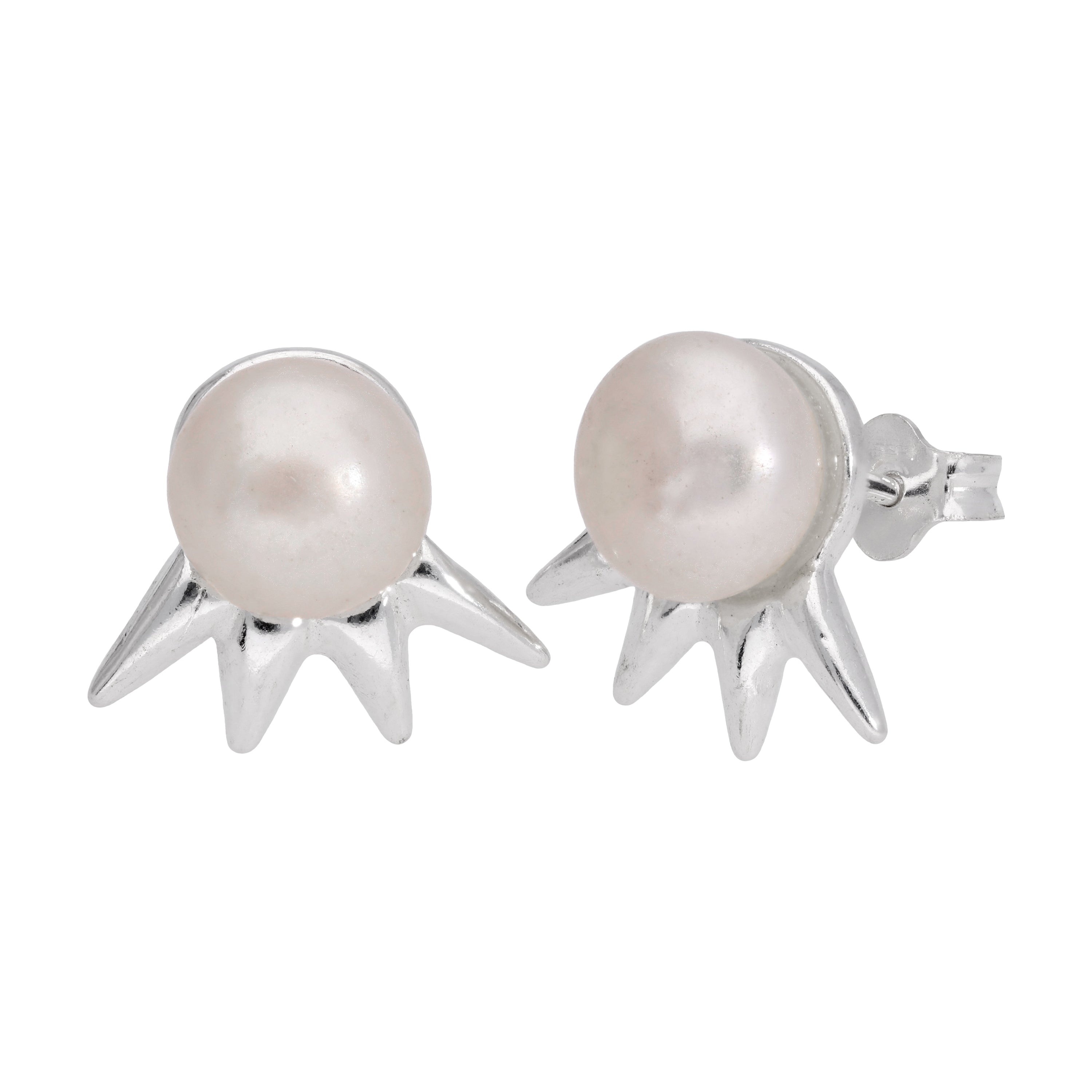 Sterling Silver Spike Synthetic Pearl Stud Earrings