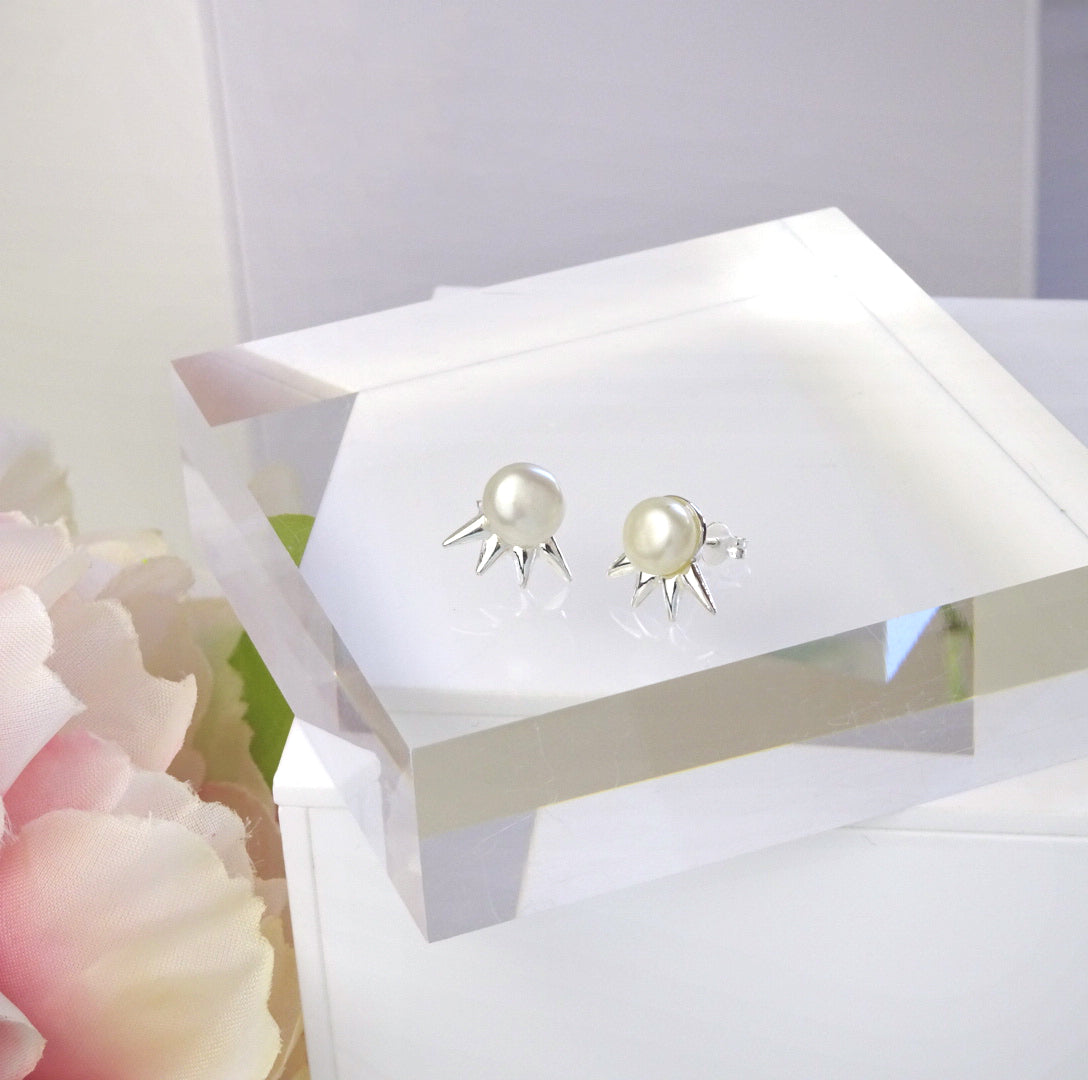 Sterling Silver Spike Synthetic Pearl Stud Earrings
