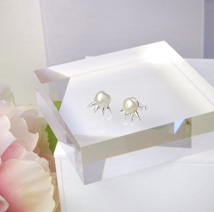 Sterling Silver Spike Synthetic Pearl Stud Earrings