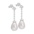 Sterling Silver Clear CZ White Teardrop Synthetic Pearl Drop Stud Earrings