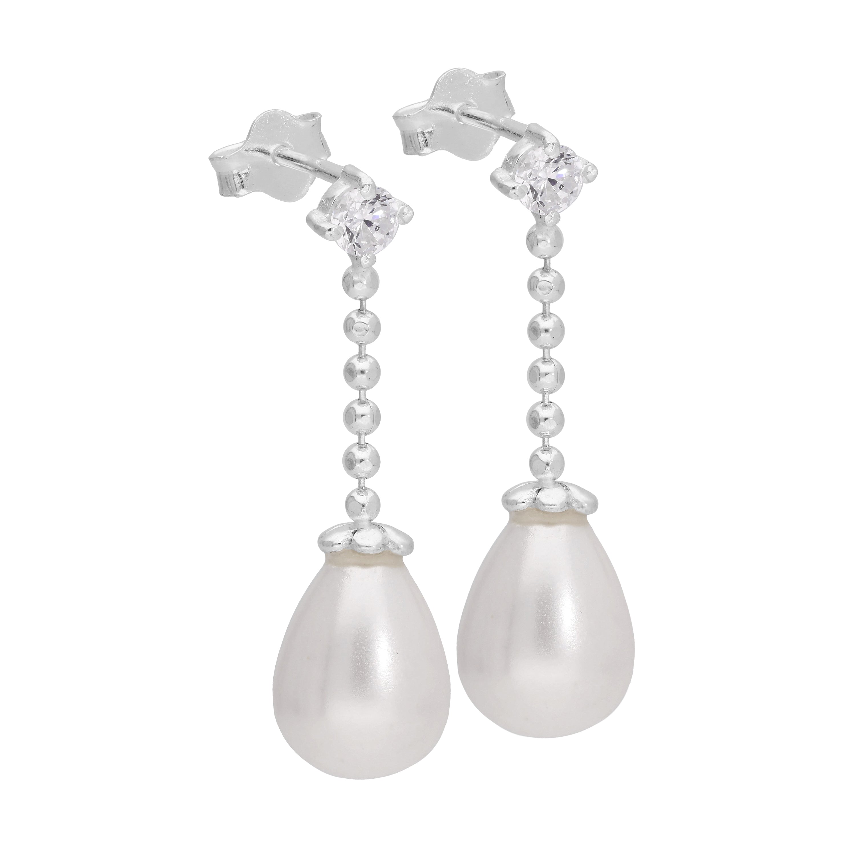 Sterling Silver Clear CZ White Teardrop Synthetic Pearl Drop Stud Earrings
