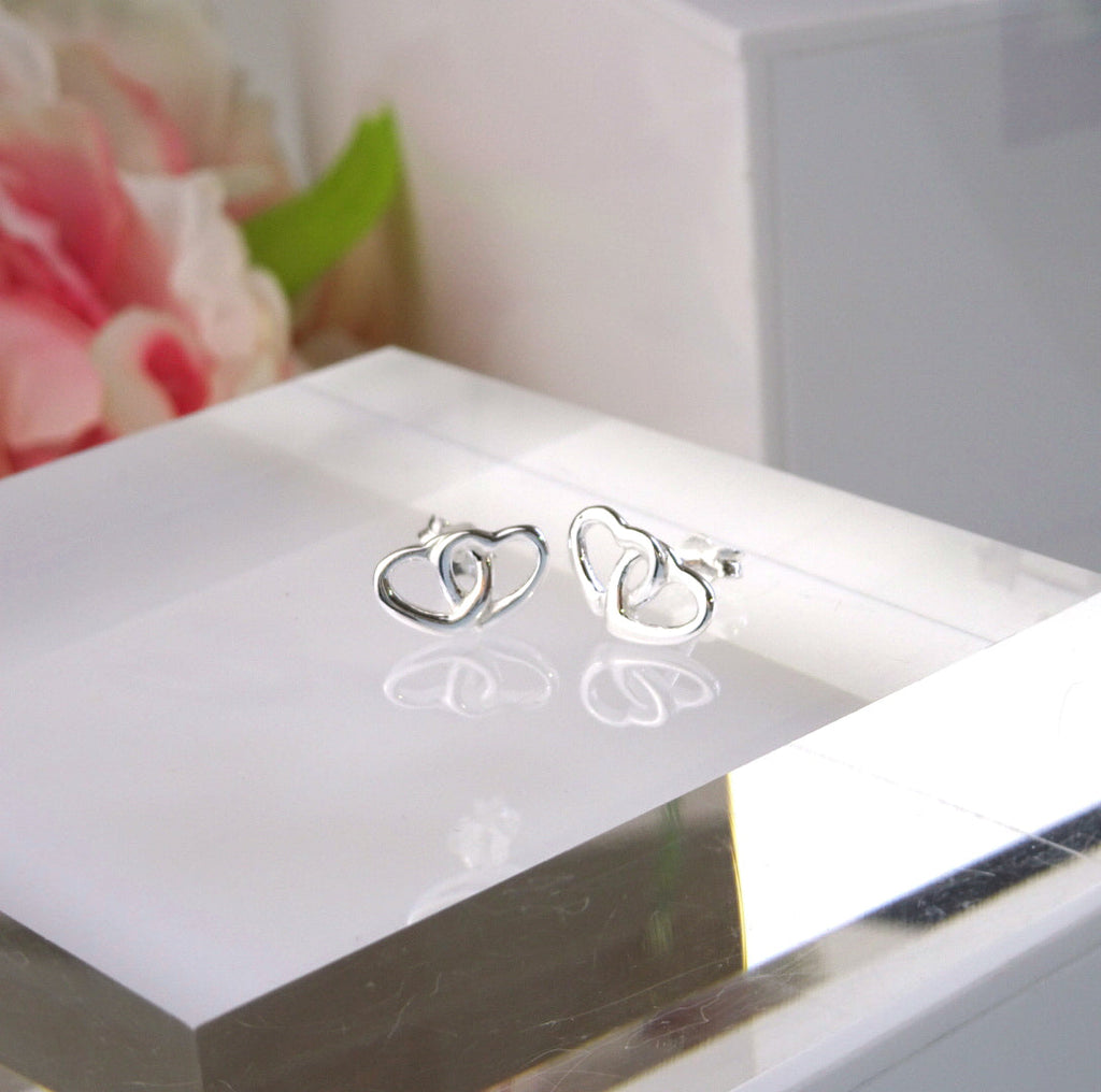 Sterling Silver Double Interlocking Heart Stud Earrings