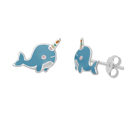 Sterling Silver Narwhal Enamel Stud Earrings