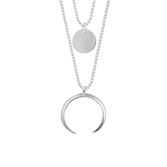 Sterling Silver Multi Double Layer Round Disc Horn Crescent Pendant Necklace