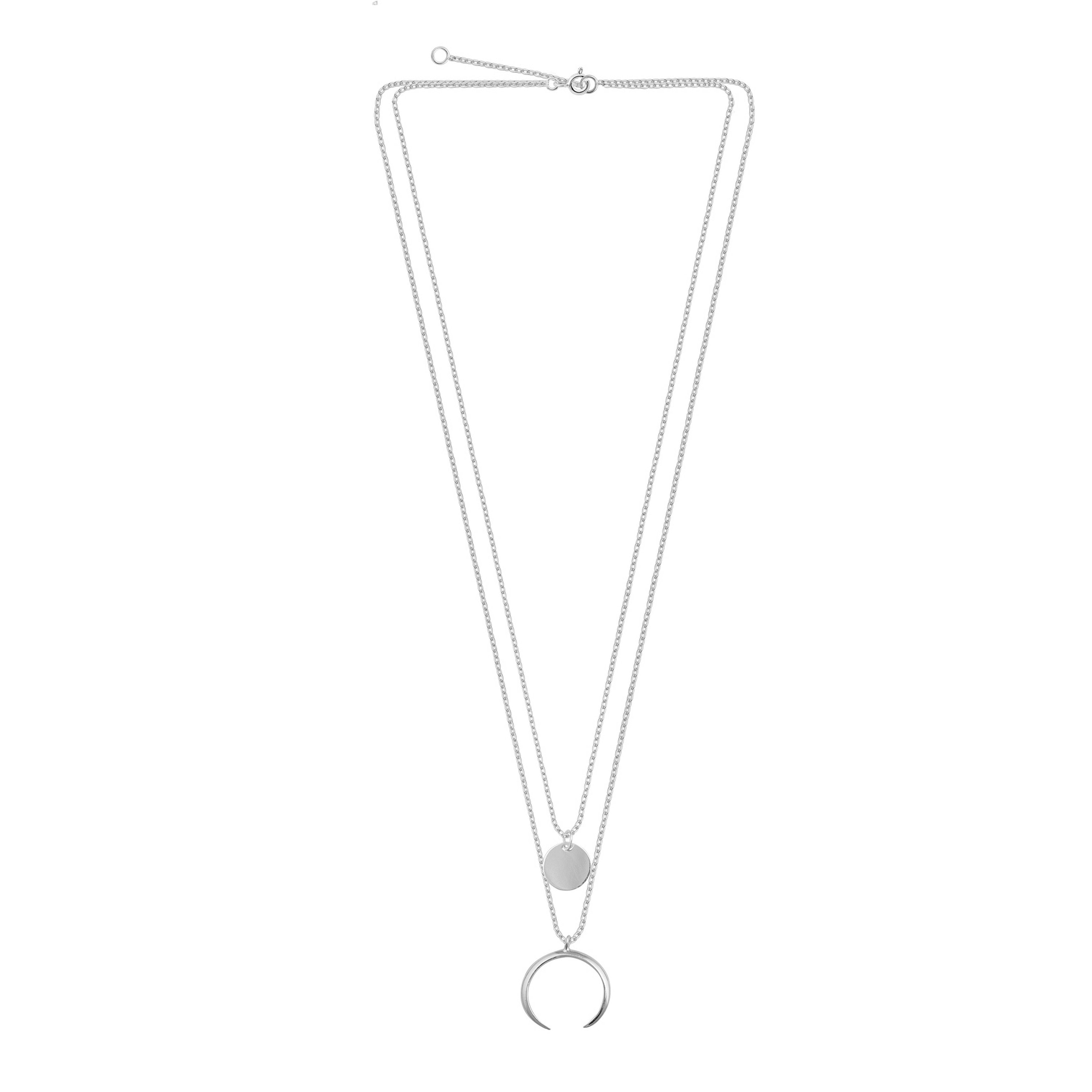 Sterling Silver Multi Double Layer Round Disc Horn Crescent Pendant Necklace