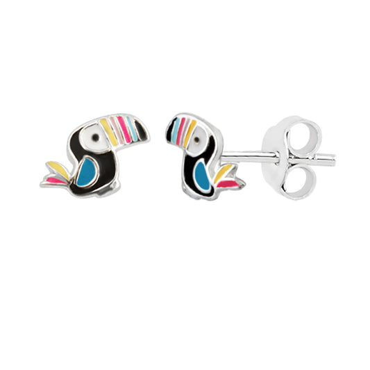 Sterling Silver Colourful Toucan Bird Rainbow Enamel Stud Earrings