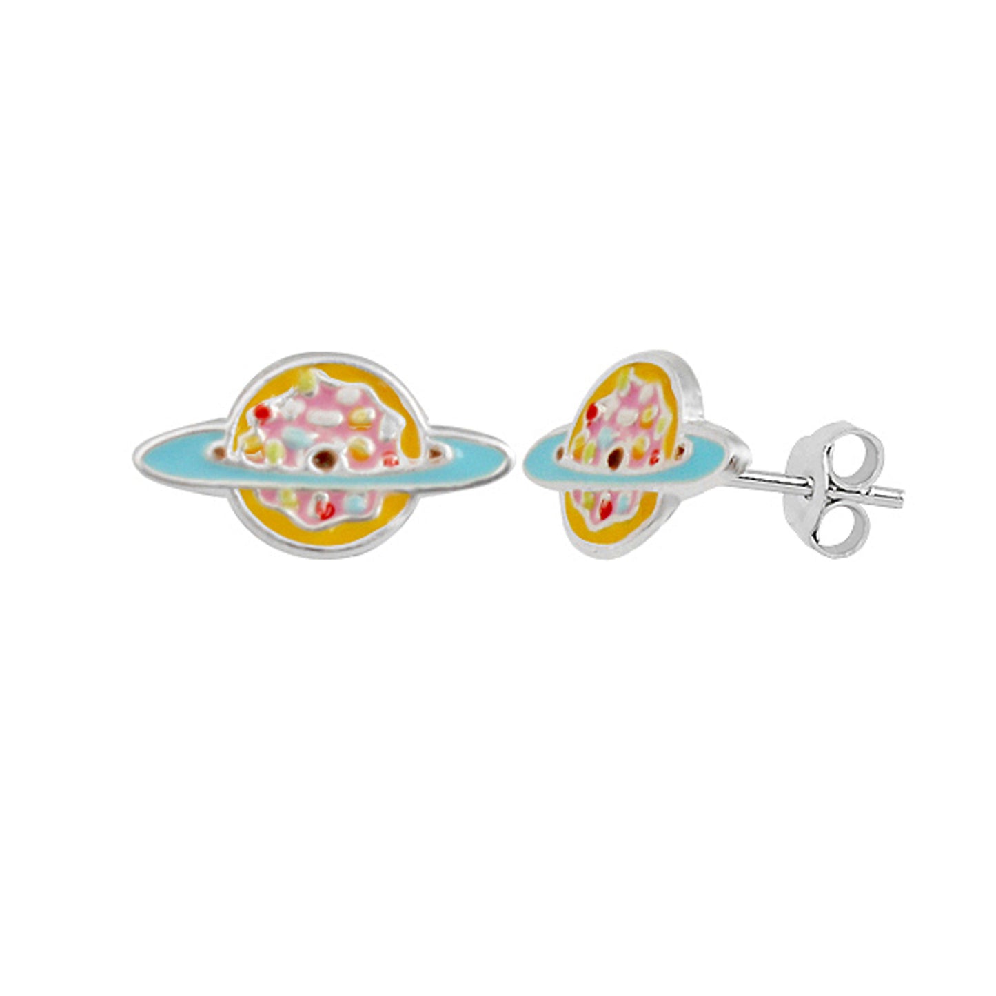 Sterling Silver Saturn Planet Rainbow Colour Enamel Stud Earrings