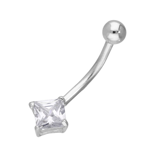 Sterling Silver Clear Square CZ Belly Button Bar