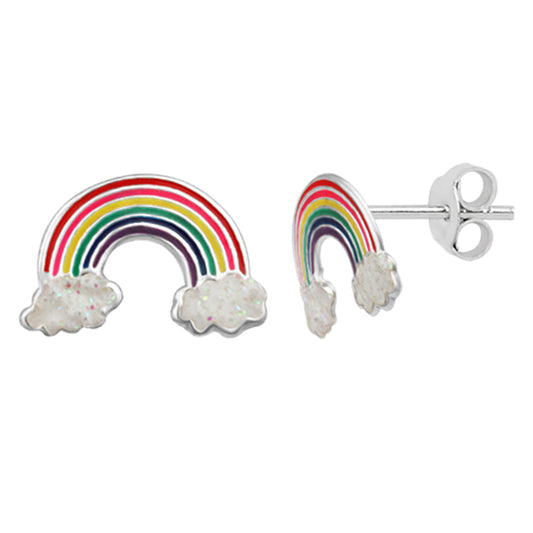 Sterling Silver Rainbow with Glitter Cloud Enamel Stud Earrings