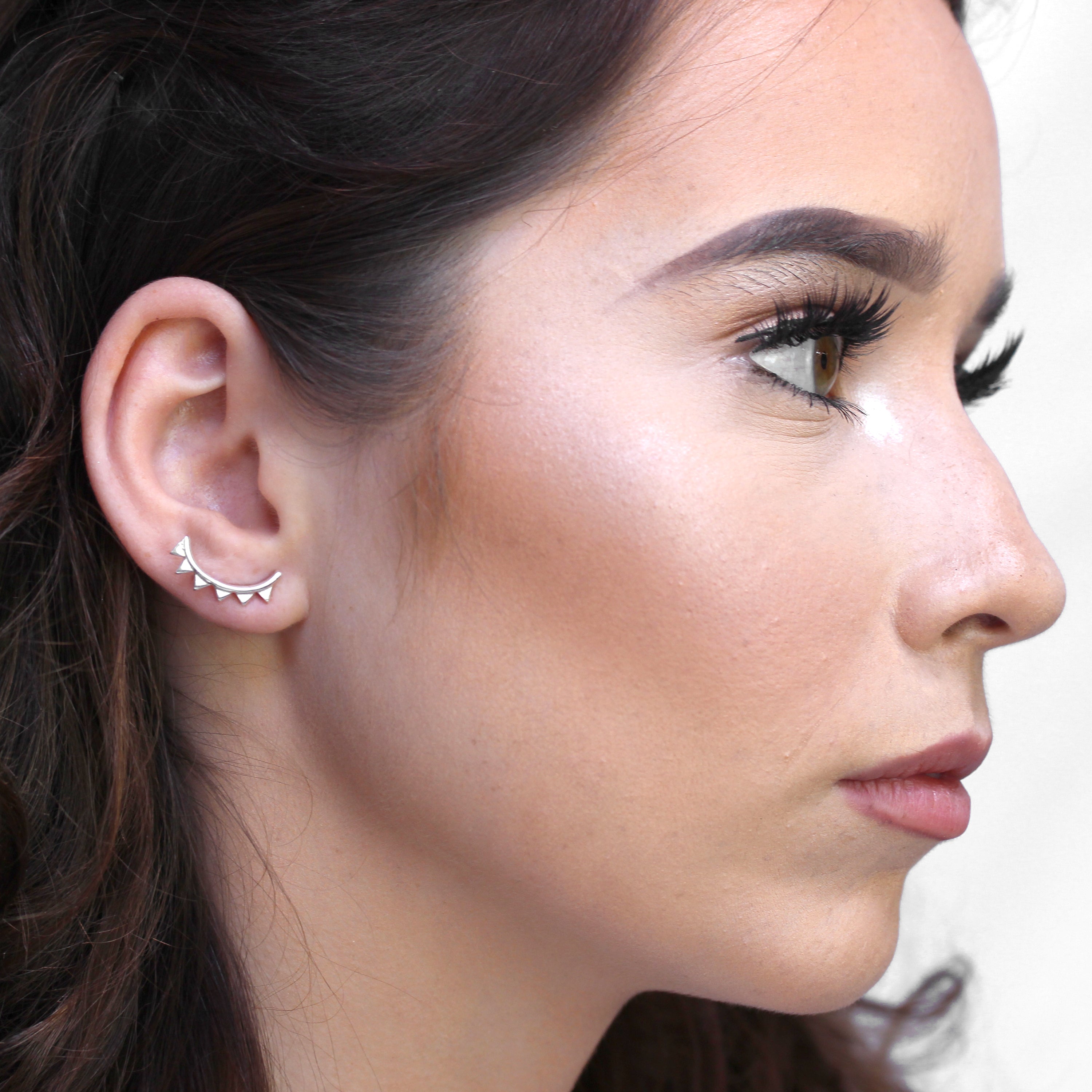 Sterling Silver Geometric Triangle Spike Ear Crawler Stud Earrings