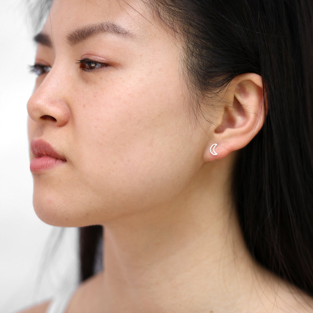 Sterling Silver Crescent Moon Outline Stud Earrings