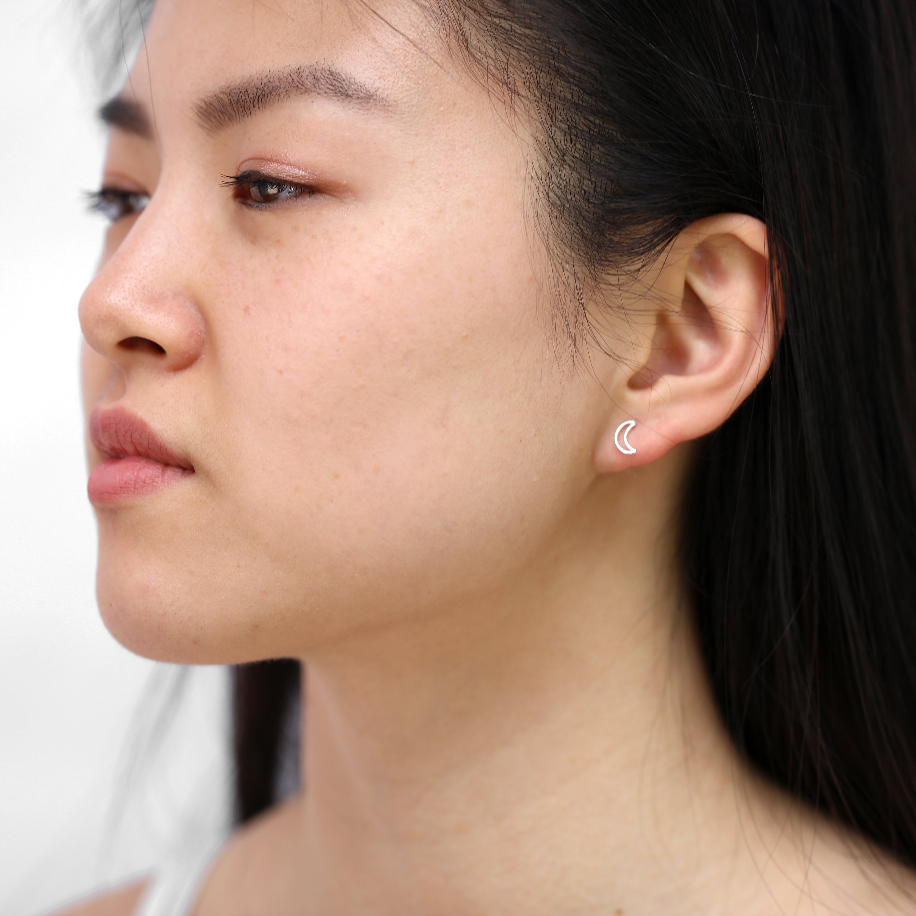 Sterling Silver Crescent Moon Outline Stud Earrings