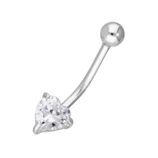 Sterling Silver & CZ Crystal Heart Belly Bar