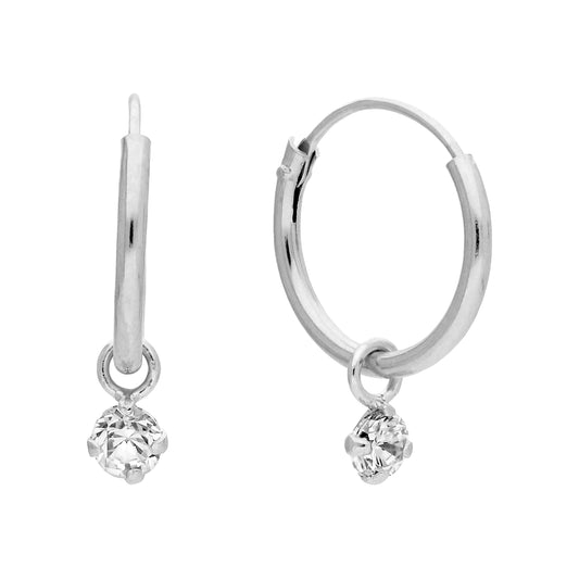 Sterling Silver & CZ 3mm Crystal Drop Hoop Earrings
