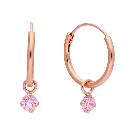 Rose Gold Plated Sterling Silver & Rose CZ 3mm Crystal Hoop Earrings