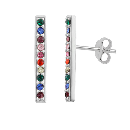 Sterling Silver & Rainbow CZ Crystal Bar Stud Earrings