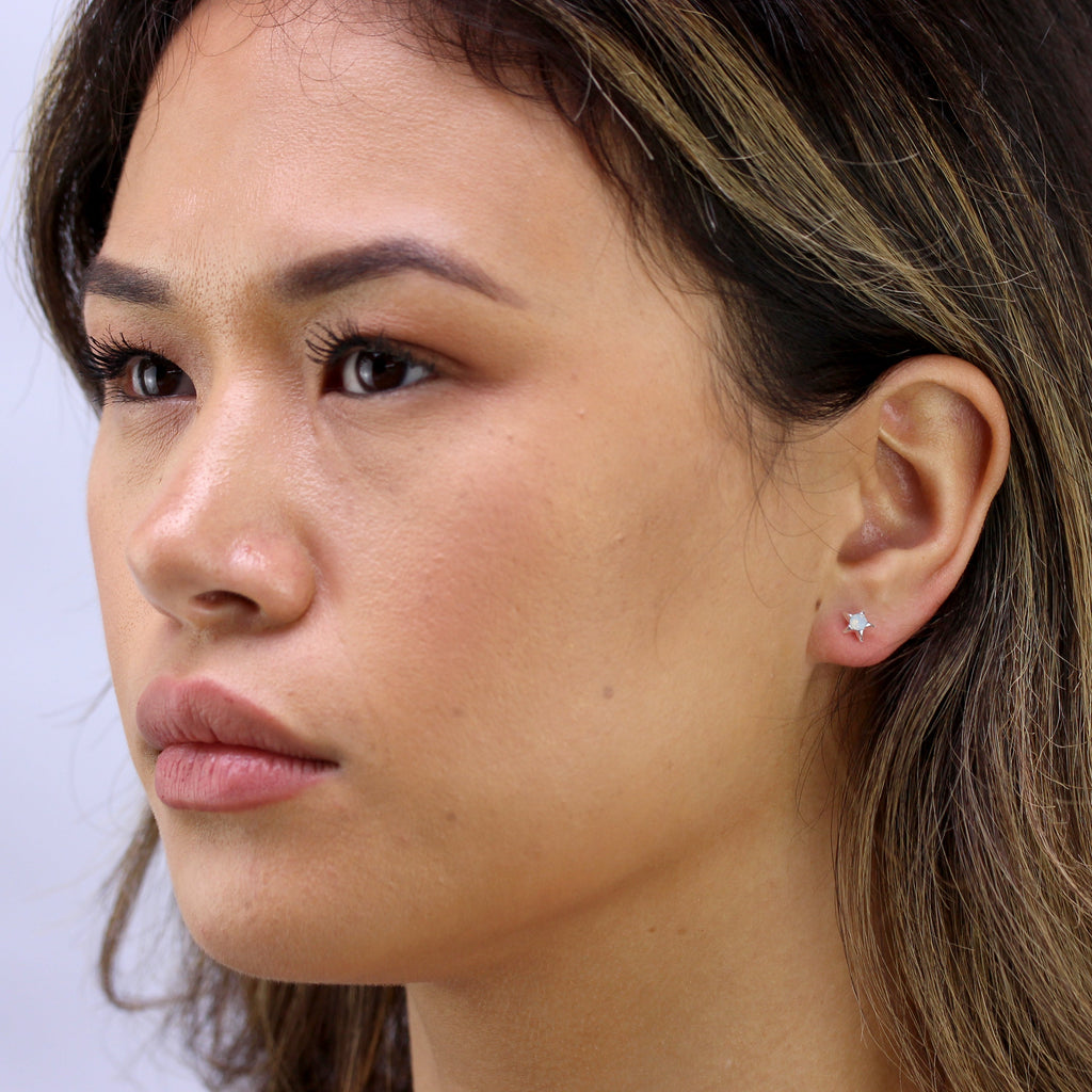 Sterling Silver & White Faux Opal Star Stud Earrings