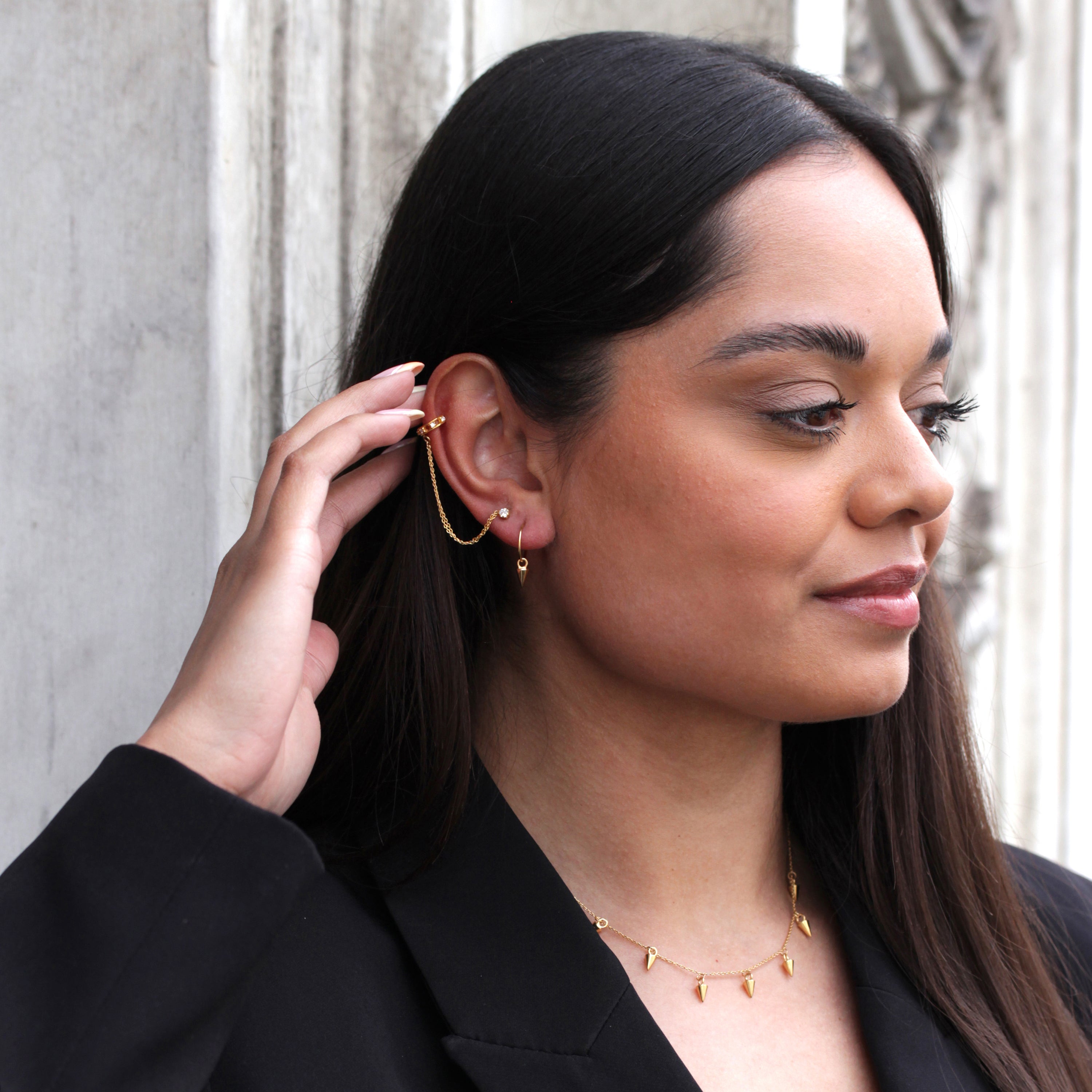 Gold Plated Sterling Silver Spike Charm Open Hoop Stud Earrings