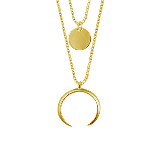 Gold Plated Sterling Silver Multi Double Layer Round Disc Horn Crescent Pendant Necklace