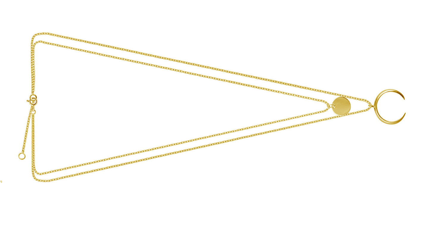 Gold Plated Sterling Silver Multi Double Layer Round Disc Horn Crescent Pendant Necklace