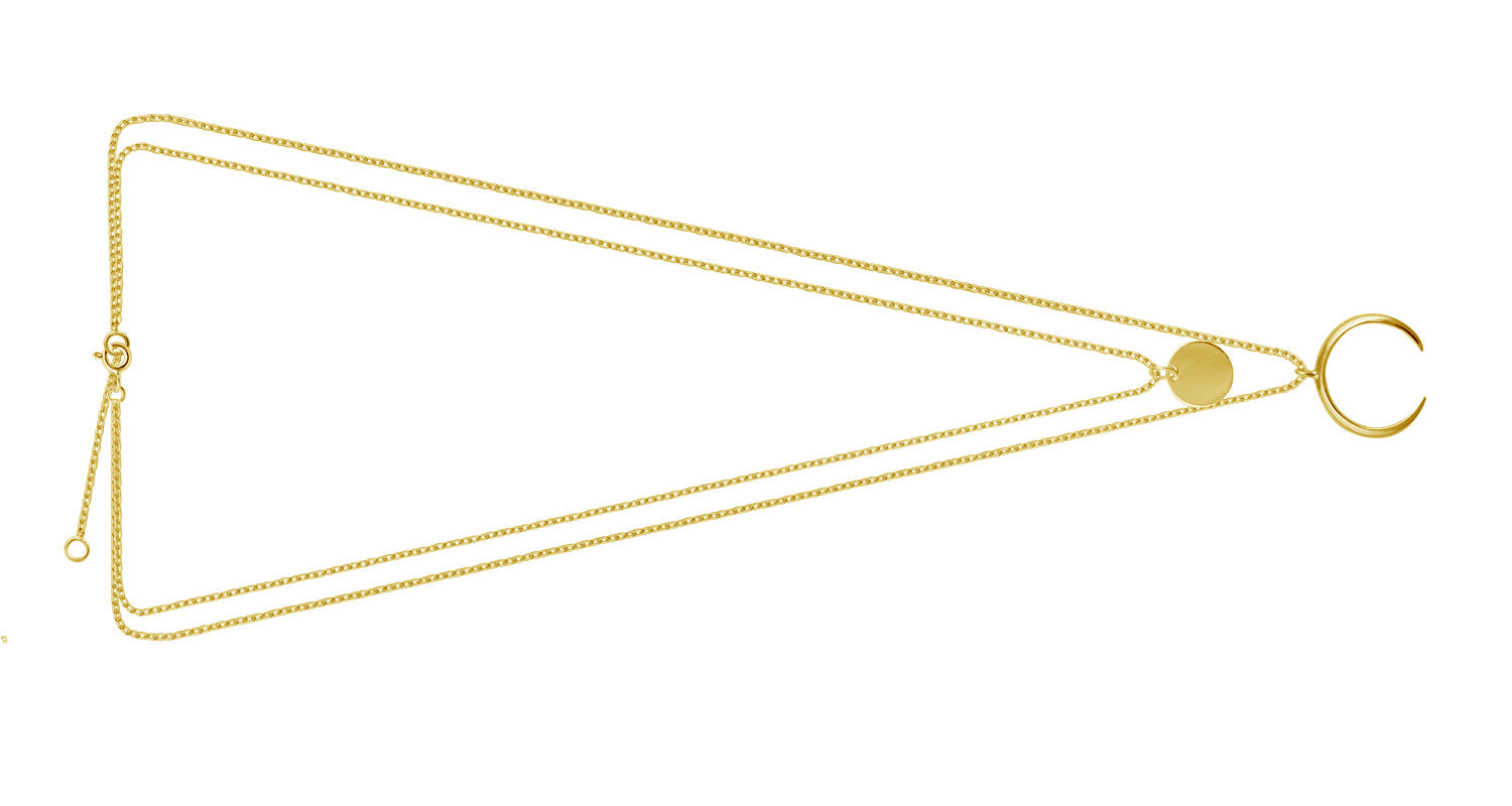 Gold Plated Sterling Silver Multi Double Layer Round Disc Horn Crescent Pendant Necklace