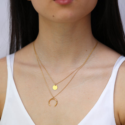 Gold Plated Sterling Silver Multi Double Layer Round Disc Horn Crescent Pendant Necklace