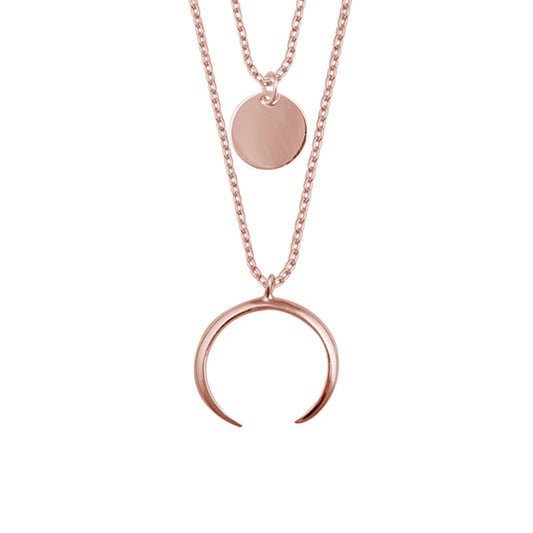 Rose Gold Plated Sterling Silver Multi Double Layer Round Disc Horn Crescent Pendant Necklace