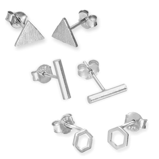 Sterling Silver 3 Pack Geometric Stud Earrings