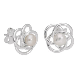 Sterling Silver Wire Knot White Synthetic Pearl Stud Earrings