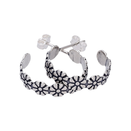 Sterling Silver Flower Daisy Oxidised Open Stud Hoop Earrings