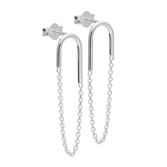 Sterling Silver Curve Bar Chain Stud Earrings