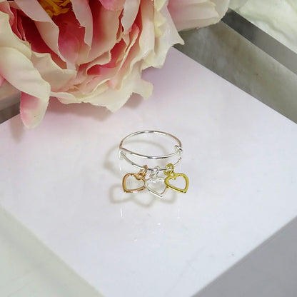 Sterling Silver & Gold Plated Triple Heart Drop Adjustable Ring
