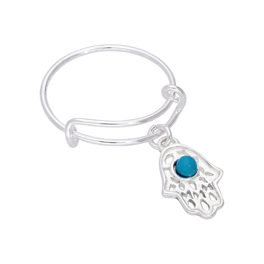 Sterling Silver Hamsa Hand Blue Bead Drop Adjustable Ring