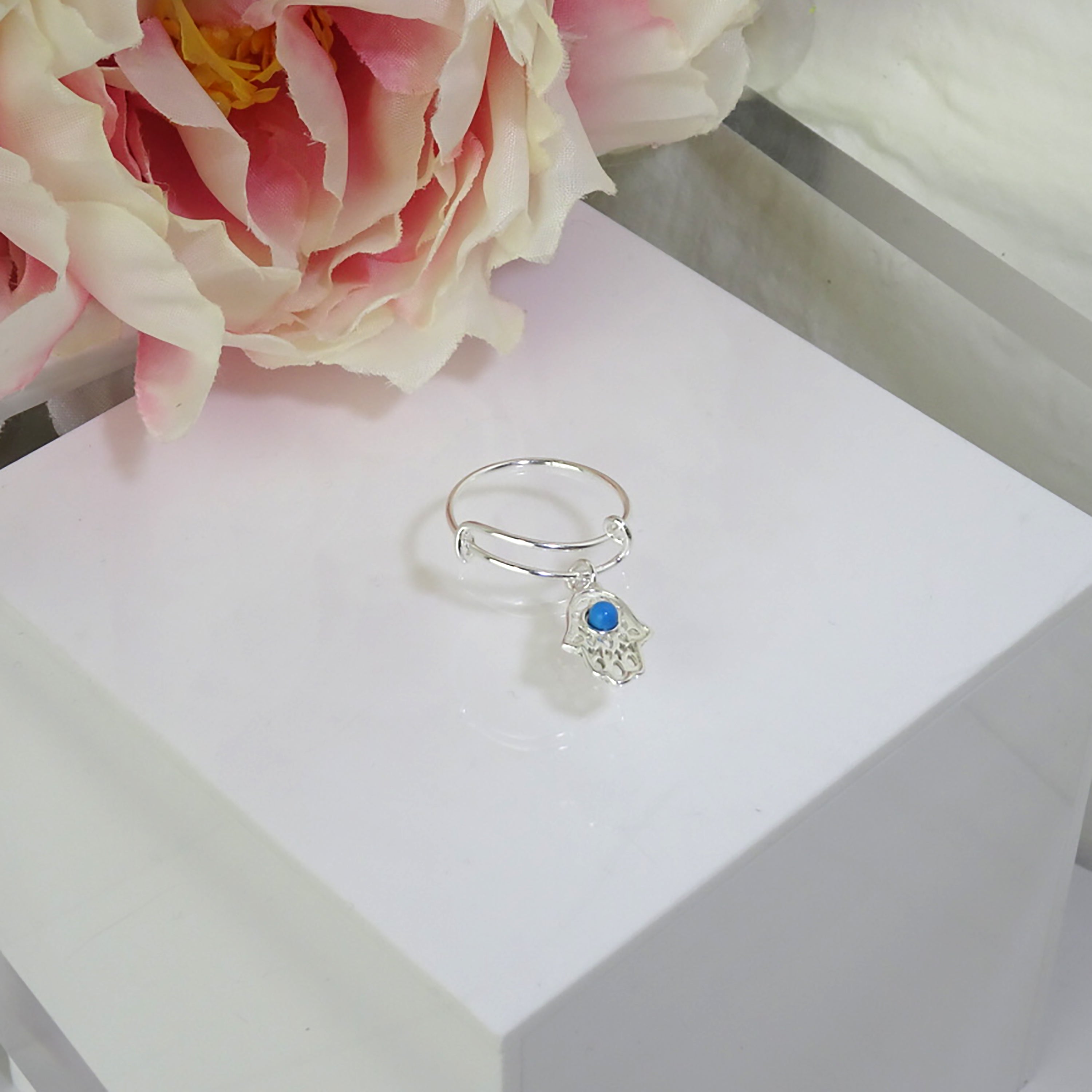 Sterling Silver Hamsa Hand Blue Bead Drop Adjustable Ring