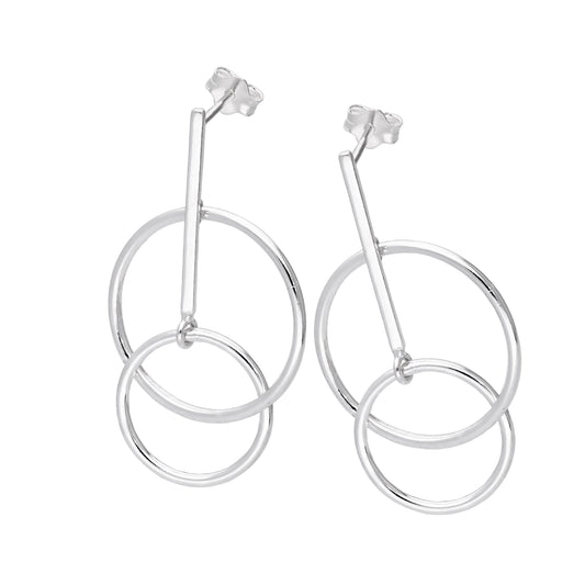 Sterling Silver Minimalist Double Circle Wire Bar Stud Drop Earrings
