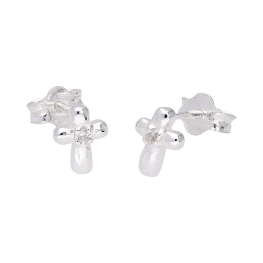 Sterling Silver Tiny Cross Clear CZ Stud Earrings