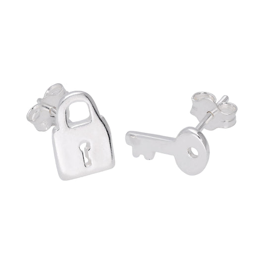 Sterling Silver Key Padlock Stud Earrings