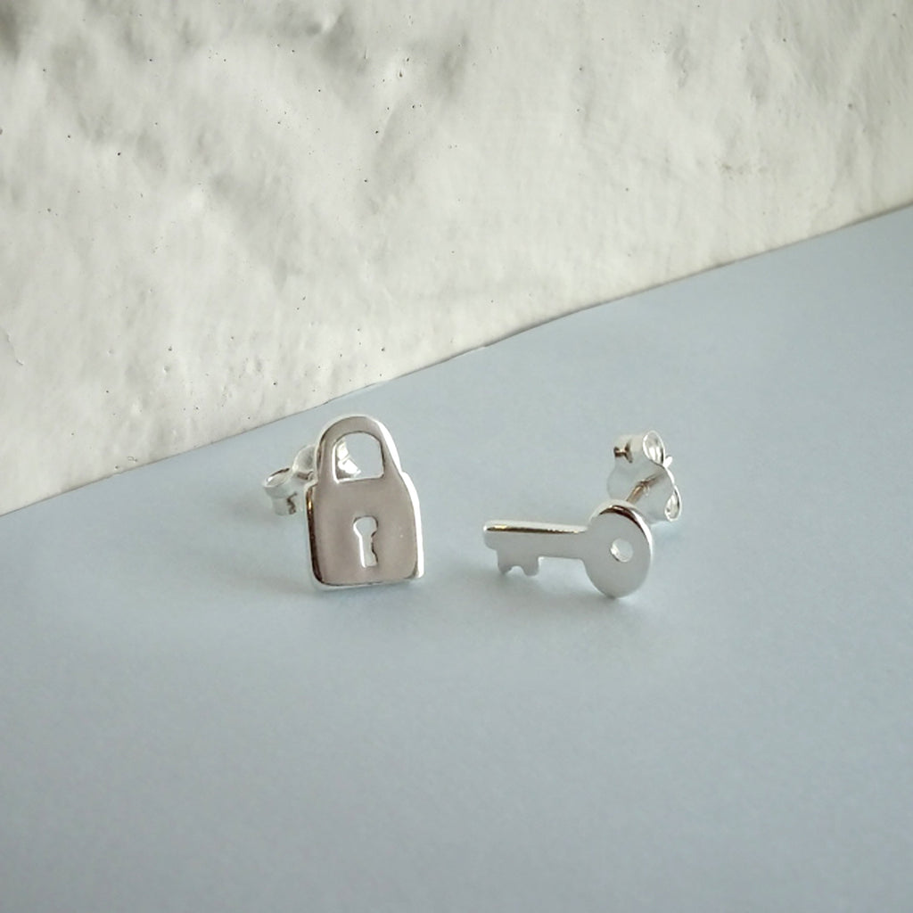 Sterling Silver Key Padlock Stud Earrings