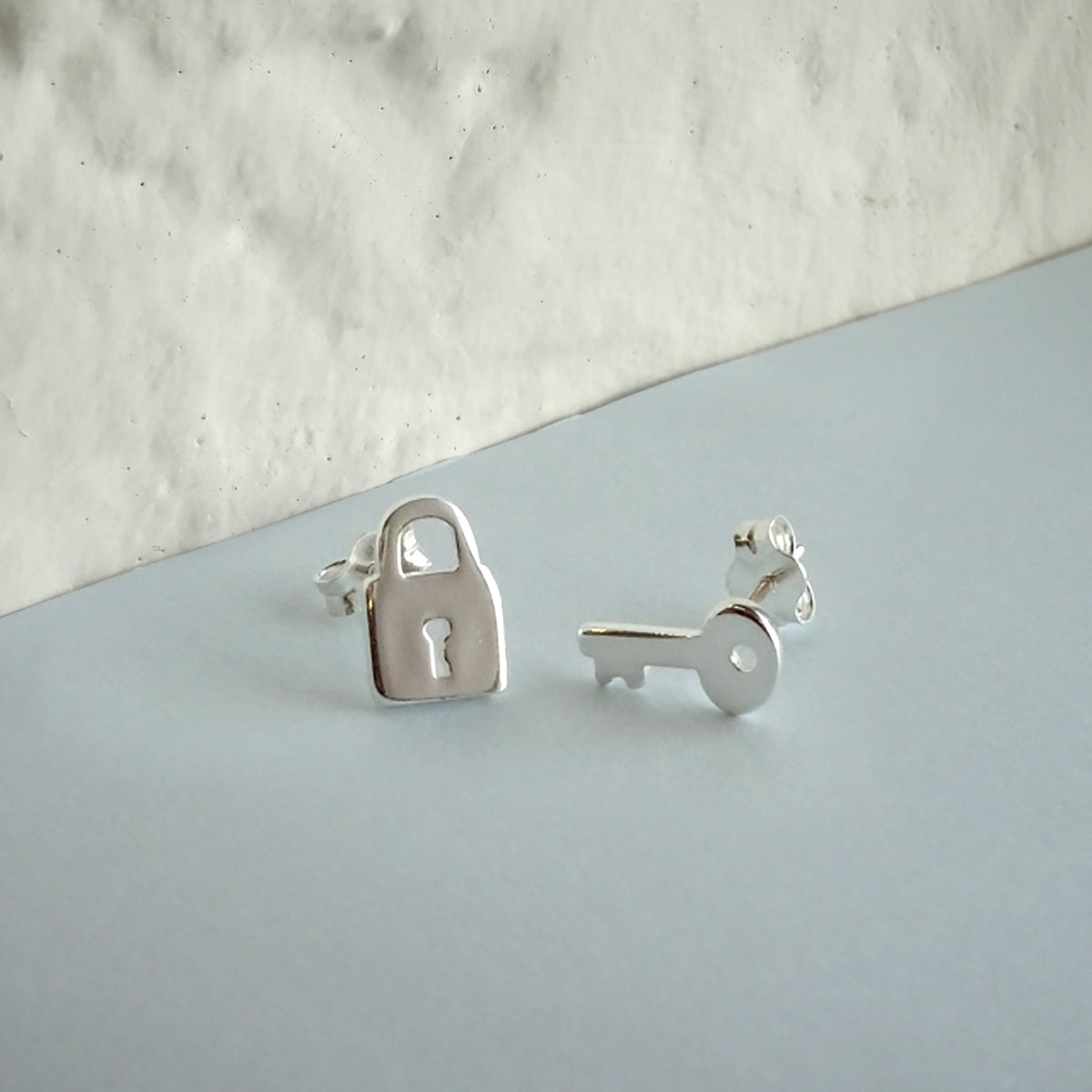Sterling Silver Key Padlock Stud Earrings