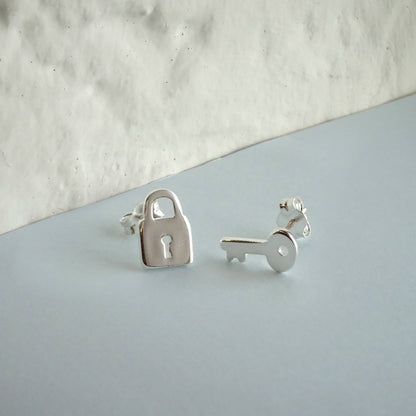 Sterling Silver Key Padlock Stud Earrings