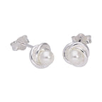 Sterling Silver Knot White Synthetic Pearl Stud Earrings