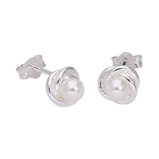 Sterling Silver Knot White Synthetic Pearl Stud Earrings
