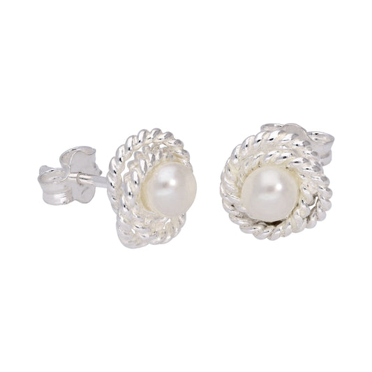 Sterling Silver Beaded Knot White Freshwater Pearl Stud Earrings