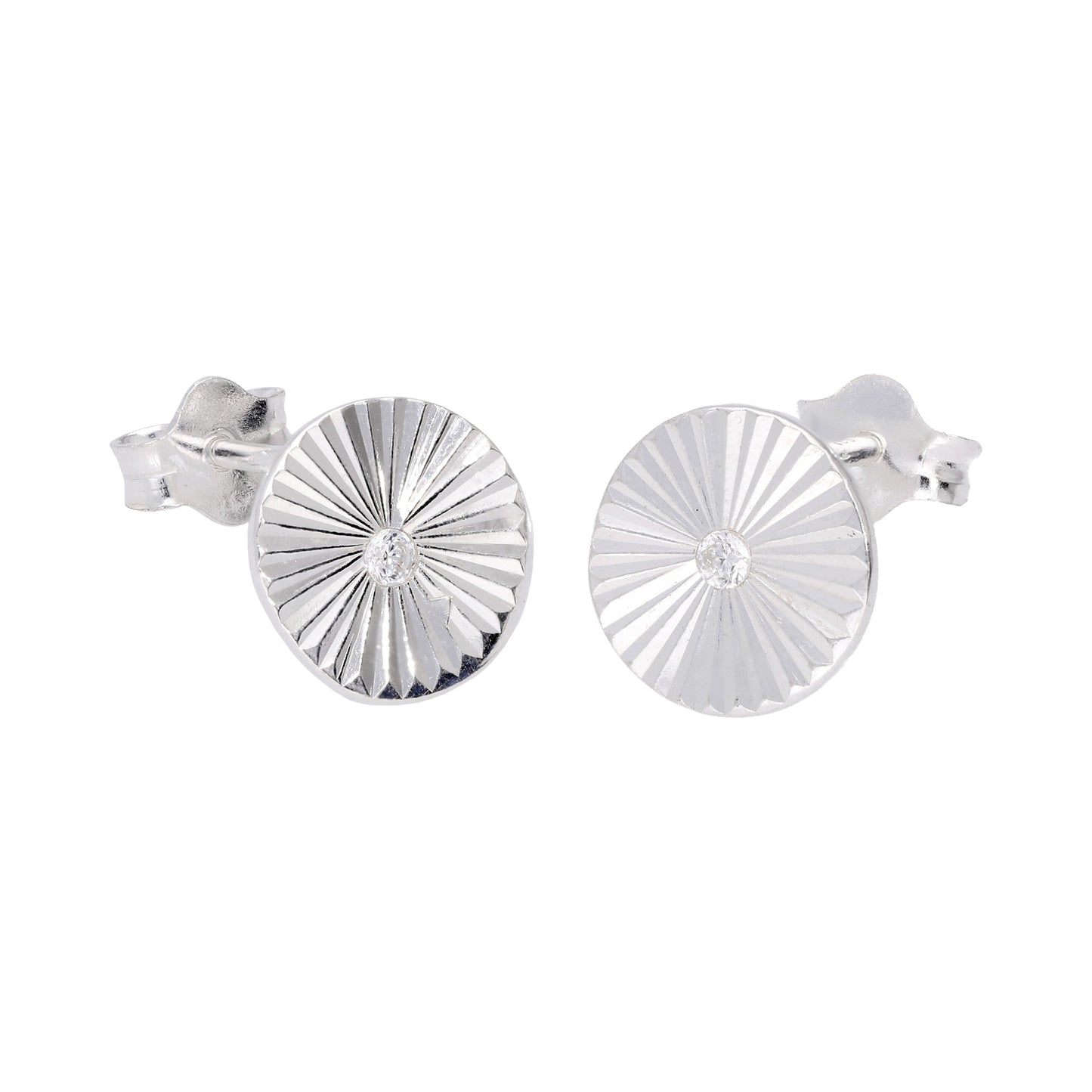 Sterling Silver Starburst Diamond Cut Clear CZ Stud Earrings
